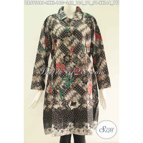 Jual Batik Dress Asli Solo Wanita Gemuk, Pakai Krah Lengan 7/8 Pas Untuk Kerja Size LXXL DR 9756 BP