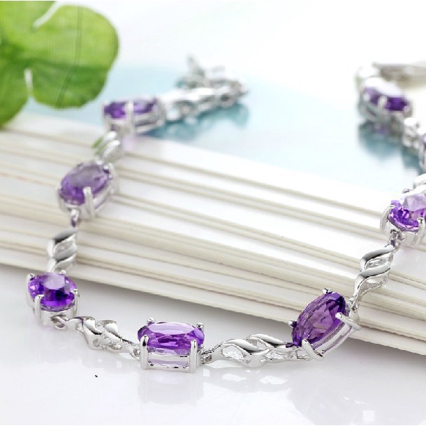 Gelang Amethyst Bahan Stainless Steel 925 Silver Plated Gaya Korea Untuk Wanita