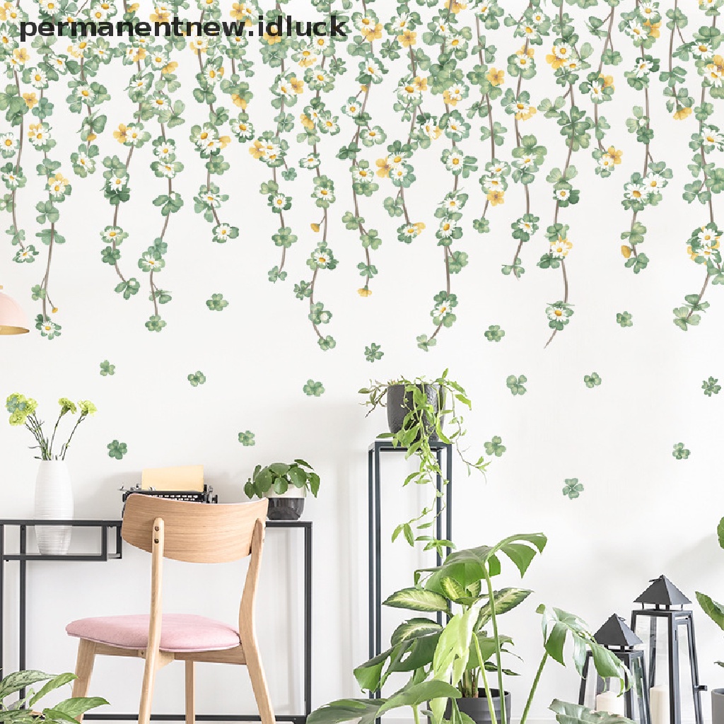 Stiker Dinding Motif Kartun Tanaman Clover Daisy Bahan Vinyl Untuk Dekorasi Ruang Tamu