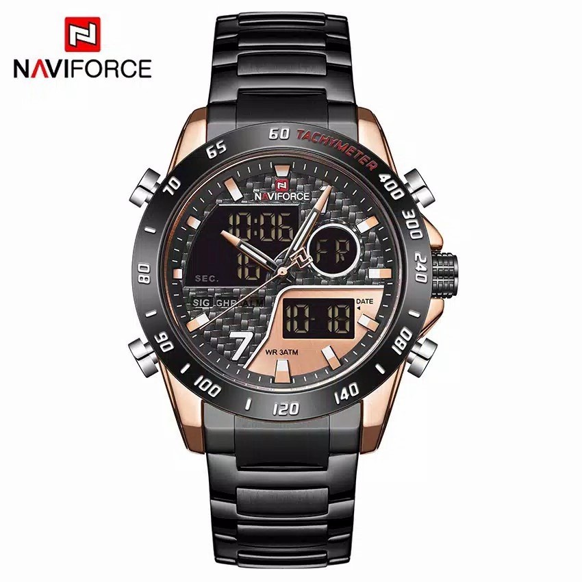Jam Tangan Pria Naviforce 9171 Original Dual Time Rantai Stainless