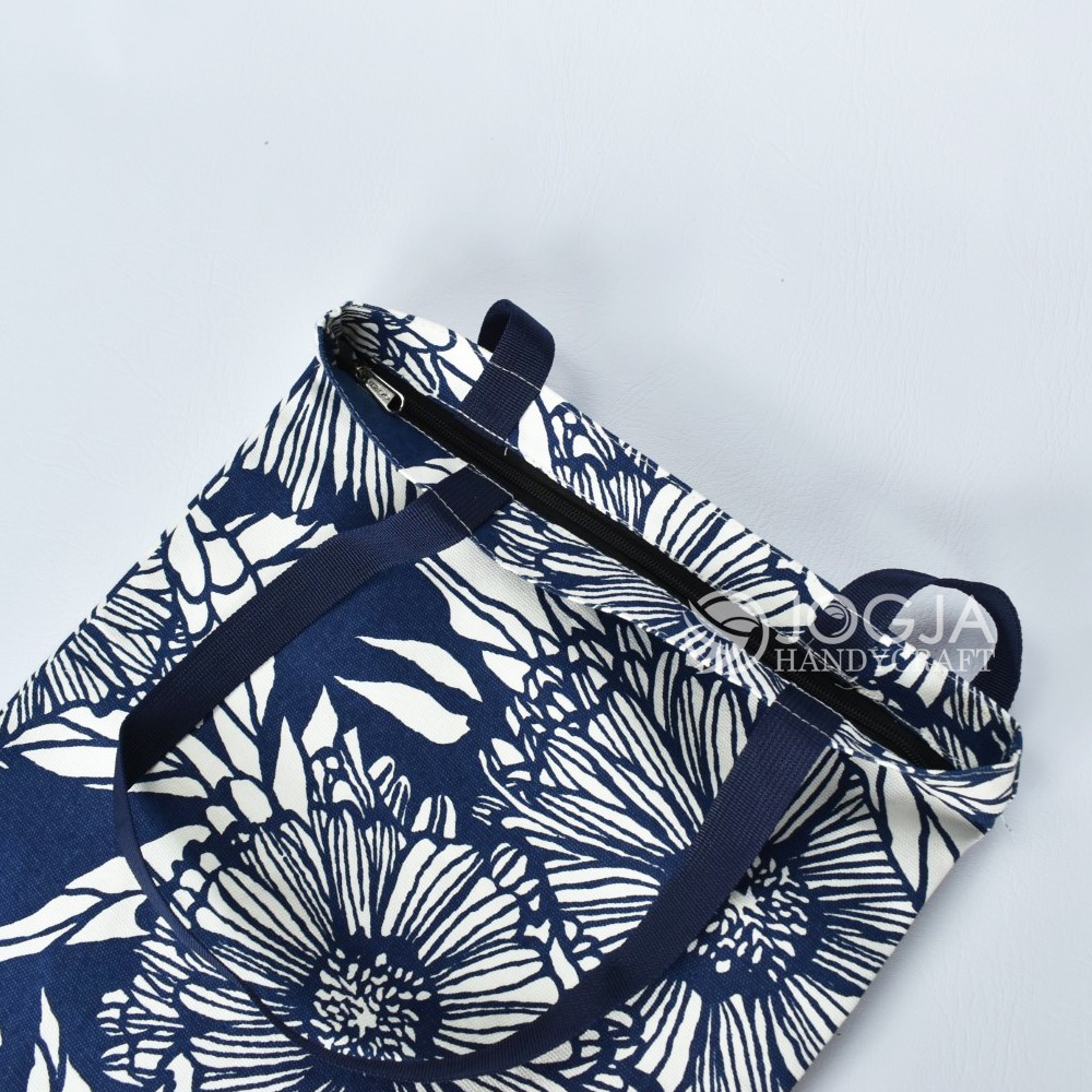 TOTE BAG CANVAS FLOWER NAVY GOOD QUALITY WITH RESLETING