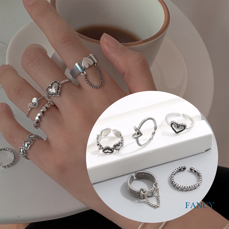 5pcs / Set Cincin Model Rantai Terbuka Bentuk Hati Warna Silver Untuk Wanita