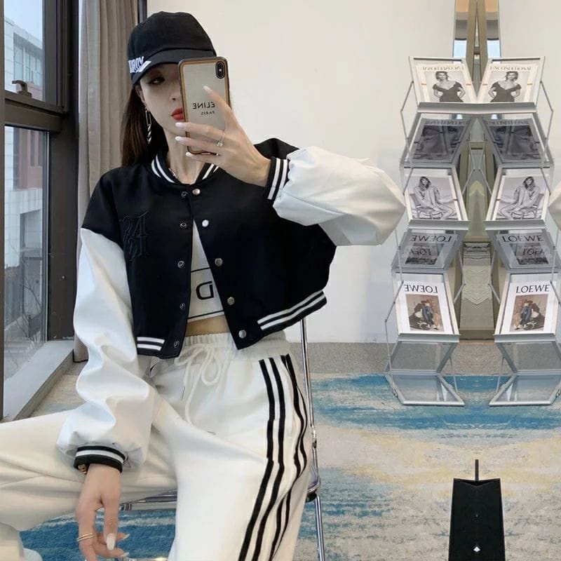 MISS BISBOL CROP BORDIR JAKET CEWE - BASEBALL BW JAKET VARSITY CROP FLEECE