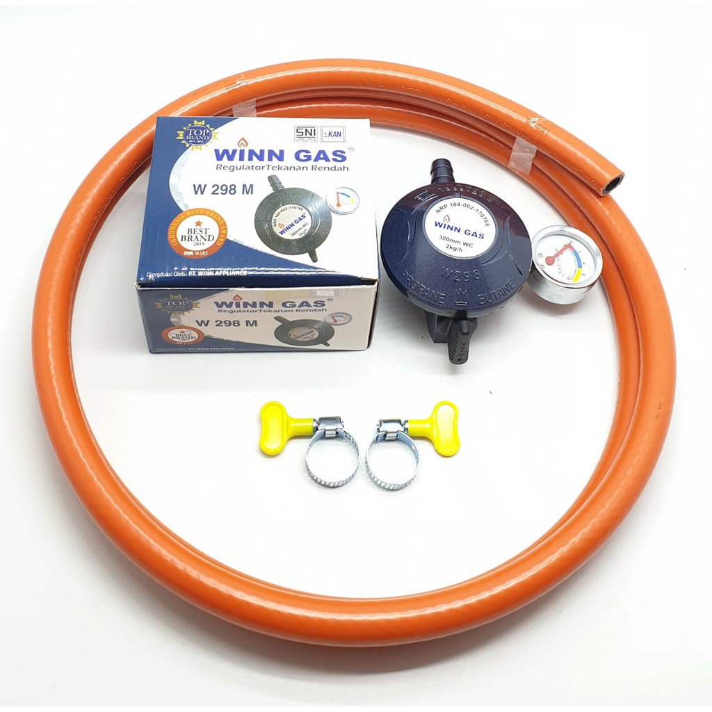 KOMPLIT Winn Gas W298M Meter + Selang Orange 2 Mtr + 2 Klem Kuping / Regulator Gas + Selang Gas