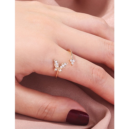 LRC Cincin Fashion Gold Color Adjustable Ring With Micro Inlaid Small Butterfly Zircon Opening V89956