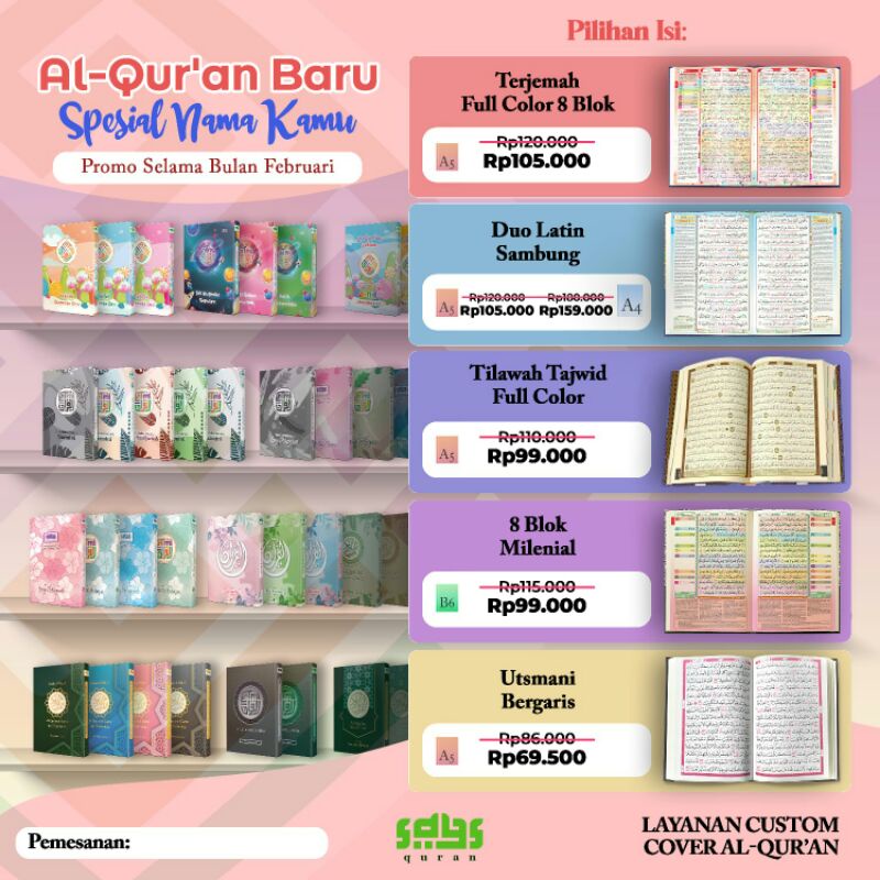 

Alquran custom (pilih cover, isi dan ukuran sendiri) Bisa tulis nama