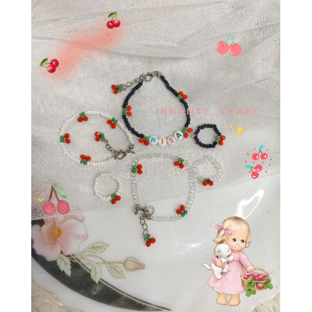 gelang manik/beads bracelet and ring cherry kpop custum nama/gelang korea