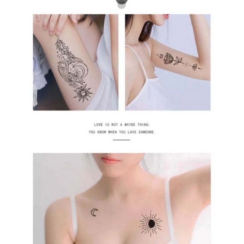 Tatto temporer Teratai Bulan bunga black ink / Temporary tattoo sticker Teratai Moon flower black ink Tahan air