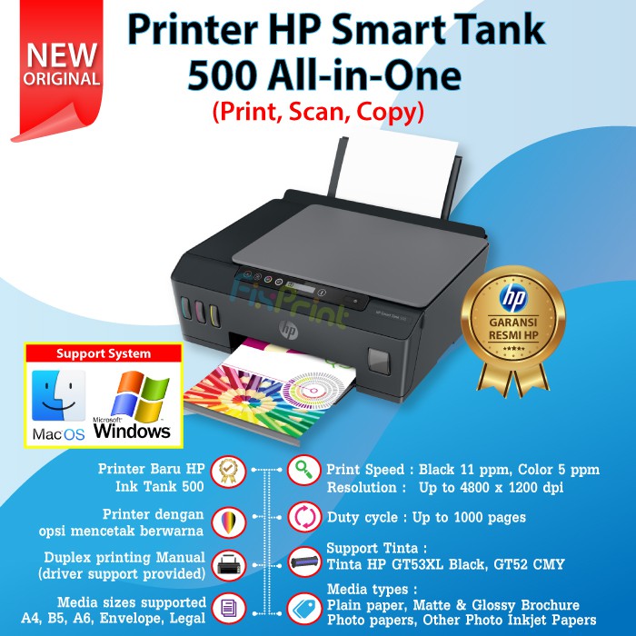 Printer HP Smart Tank 500 Print Scan Copy 4SR29A Tinta HP GT53 GT52