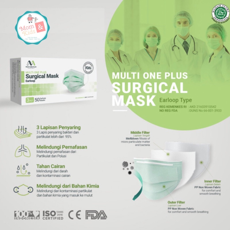 Masker Medis Earloop Multi One Plus  3 ply 50 pcs