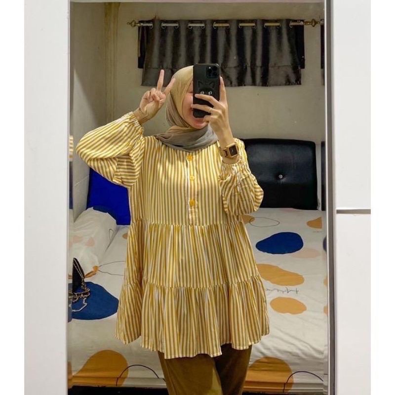 Salora Blouse Salur Rayon Atasan Salur Ruffle Wanita Premium