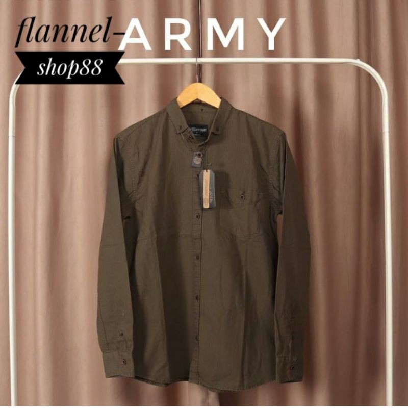 Kemeja flanel hijau army polos Brill Eighty-Eight lengan panjang 8004