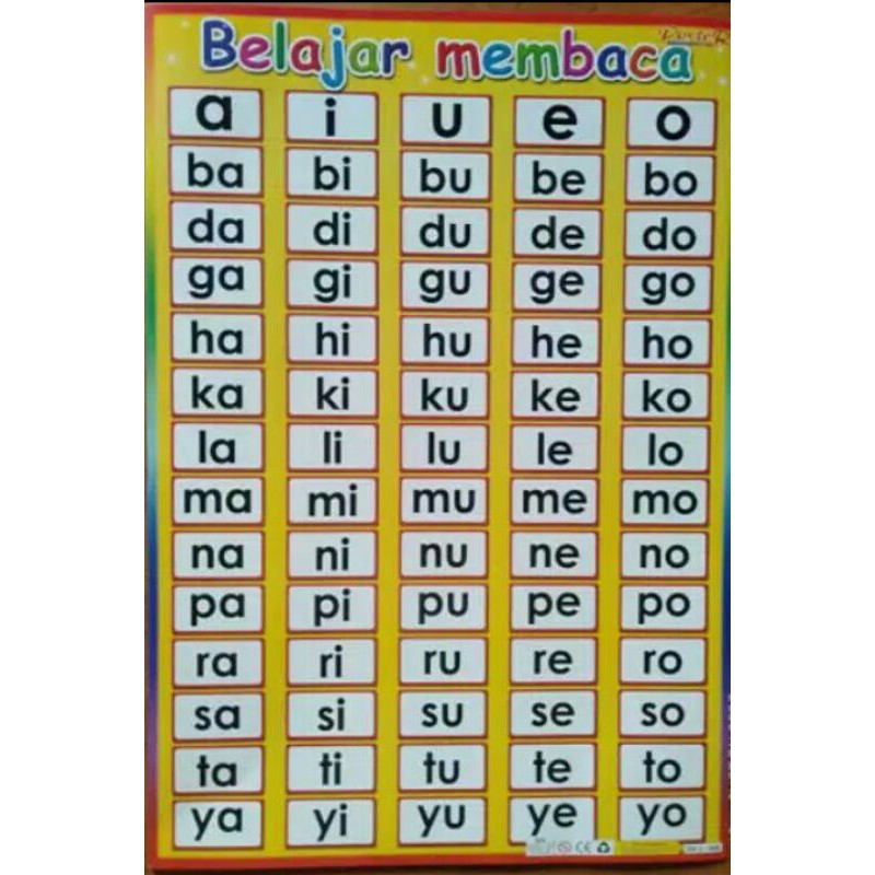 Poster anak belajar membaca / pengenalan huruf A I U E O