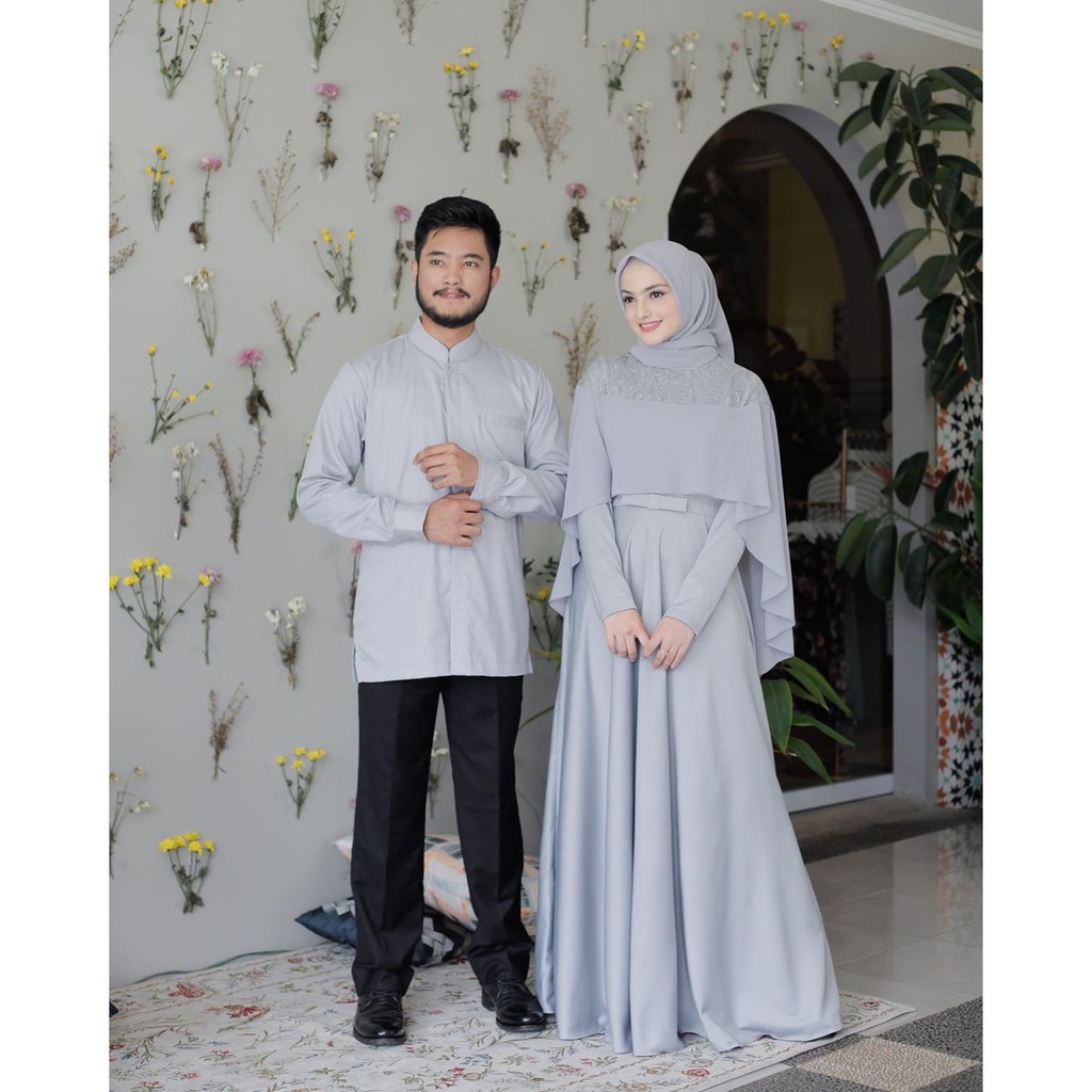 Zenata Couple Baju Fashion Muslim Set Gamis Pesta Bahan Maxmara Brokat Kemeja Pria Lengan Panjang Se