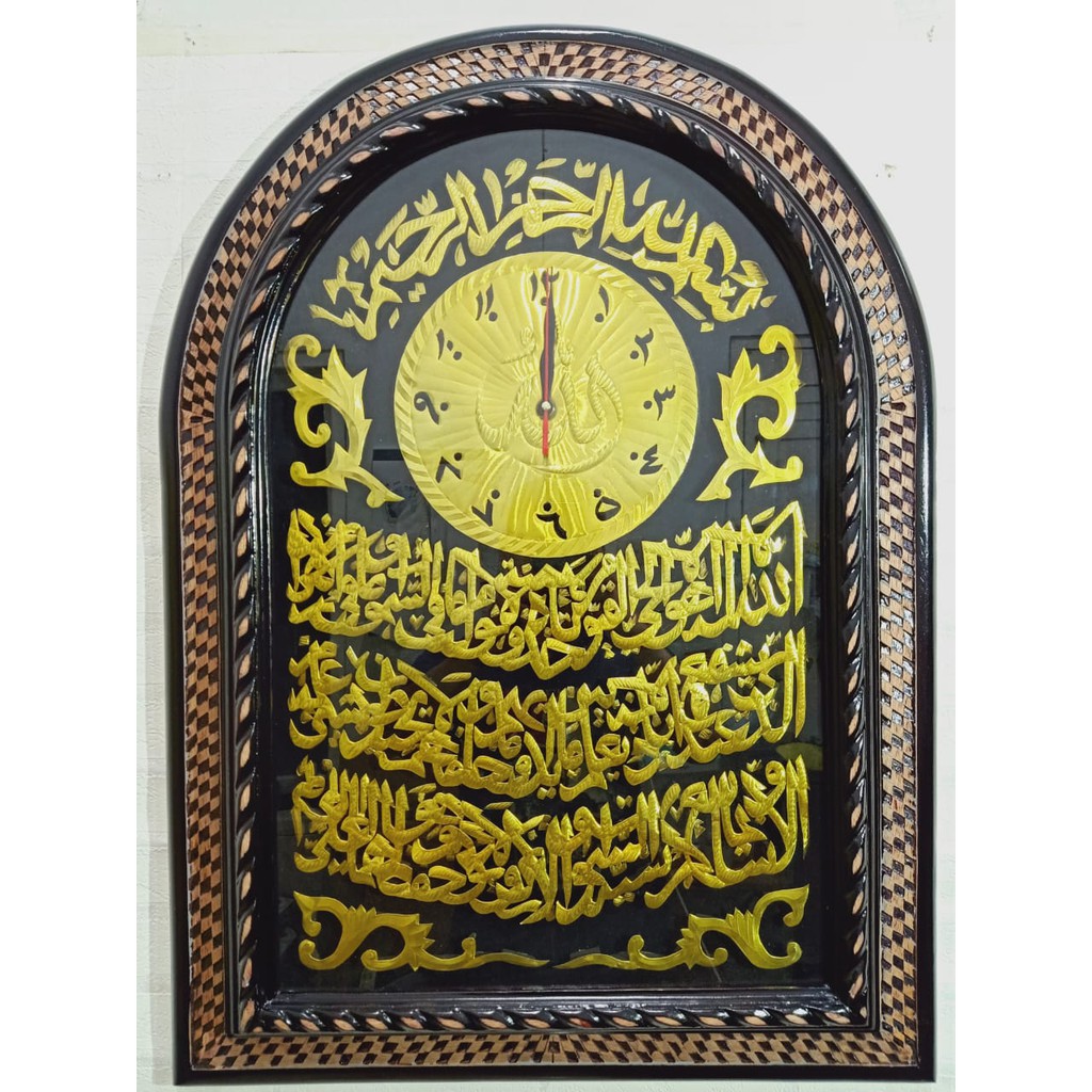 Jam Dinding Kaligrafi DIY Kayu Jati Ukir Setengah Oval Unik Dekorasi Dinding Ruangan Rumah Klasik