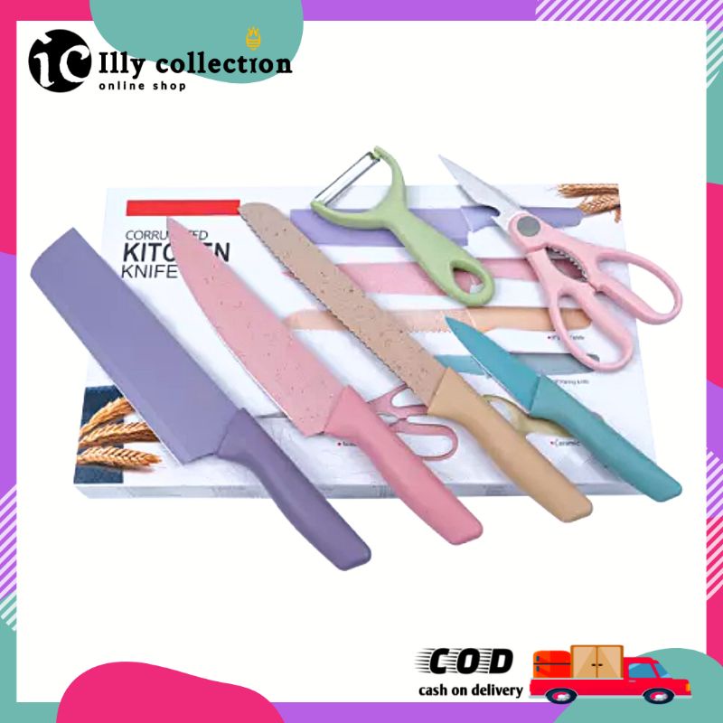 Pisau Set Warna Warni 6 in 1 Jerami Kitchen Knife EVCRIERH