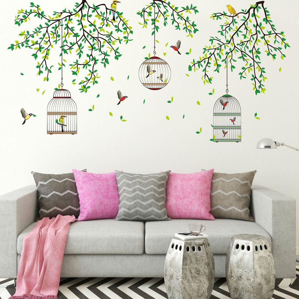 RELIZA Wall Sticker / Stiker Dinding 60X90 sangkar burung rumbai ranting hijau JM7259