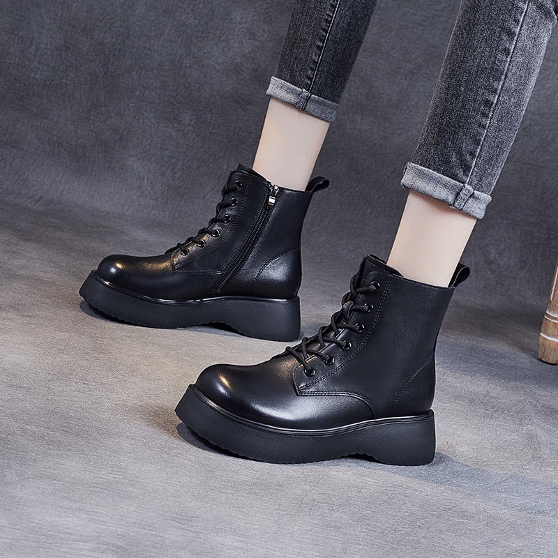 Sepatu Boot Kulit Wanita Branded Kulit Martin Boots Wanita 2022 Tebal Bawah Meningkat Kepala Besar B