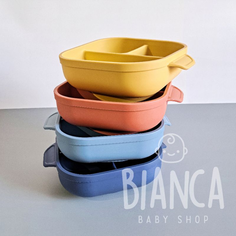 BIANCA - Piring Silikon Anak Sekat 3 Suction + Tutup + Sendok Garpu Silikon