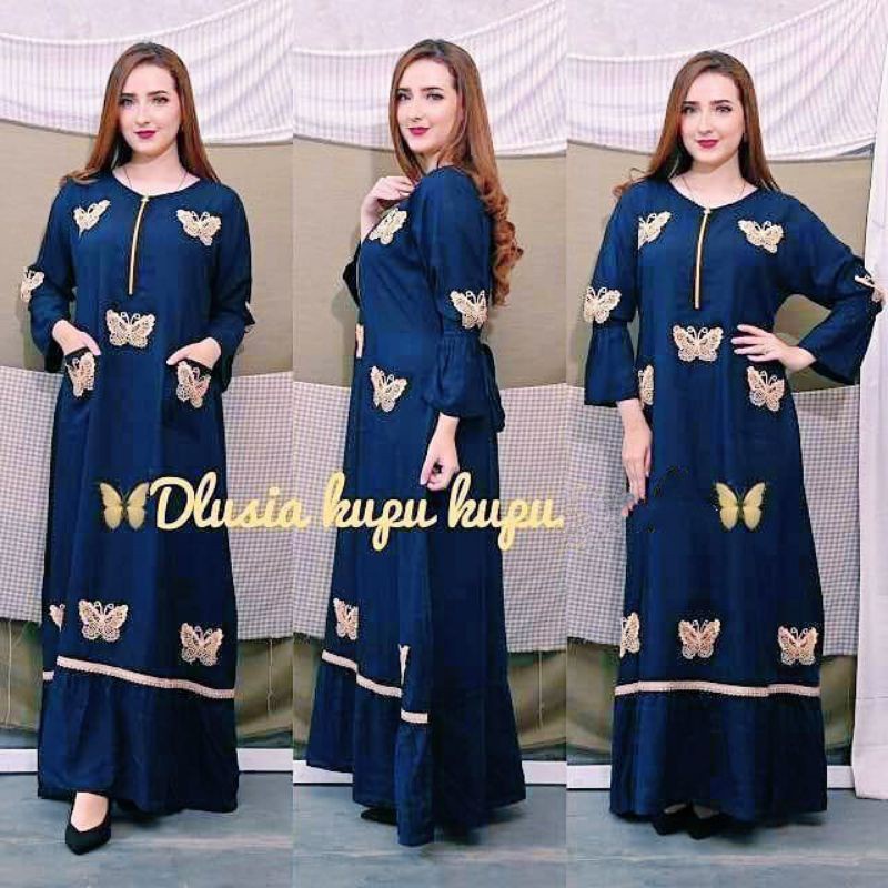 Dlusia Kupu Kupu Dress Wanita Renda Arab Rayon Premium Longdress Lengan Panjang Baju Wanita Kekinian LD 110 cm