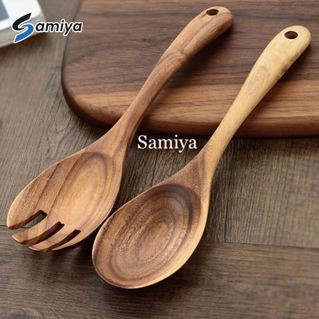 Sendok garpu kayu ukuran besar jumbo / wooden big spoon fork salad set / centong kayu