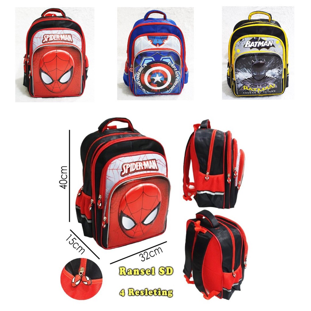 Tas Ransel Anak Cowok SD Karakter SUPERHERO SPIDERMAN BATMAN AVENGERS - 4 KANTUNG IMPORT
