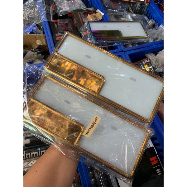 Bingkai plat nomer gold set plus mika blue + rainbow pelangi gold twone gold blue