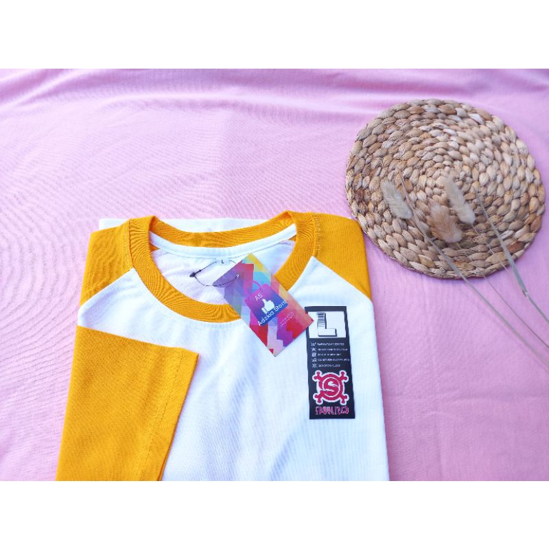 kaos raglan wanita cowo putih lengan kuning pendek 3per4 7per8 panjang  kapel seragam  adem tebal