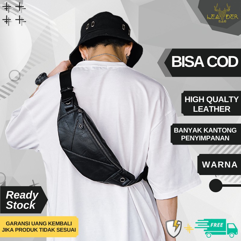 Waistbag Kulit Pria Original Terbaru 2021 Warna Hitam | Tas Selempang Kulit Bahu Remaja Distro Impor