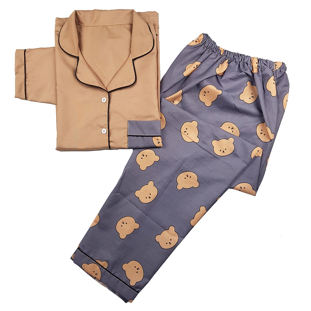Stelan Baju Tidur Piyama Dewasa Lengan Panjang All Size Motif Lumina-PPL TEDDY GREY COMBI