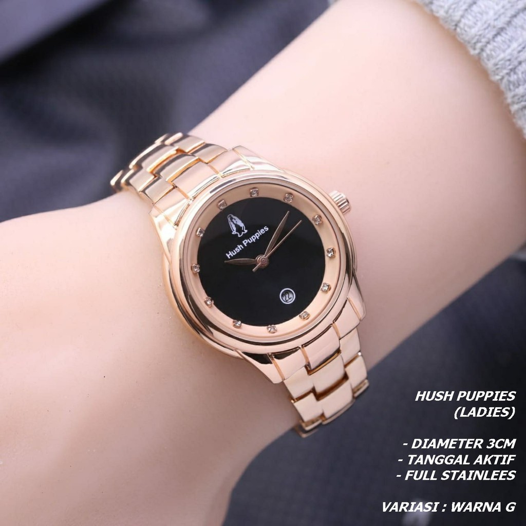 JAM TANGAN WANITA HUSH PUPPIES RANTAI BODY BULAT TANGGAL AKTIF