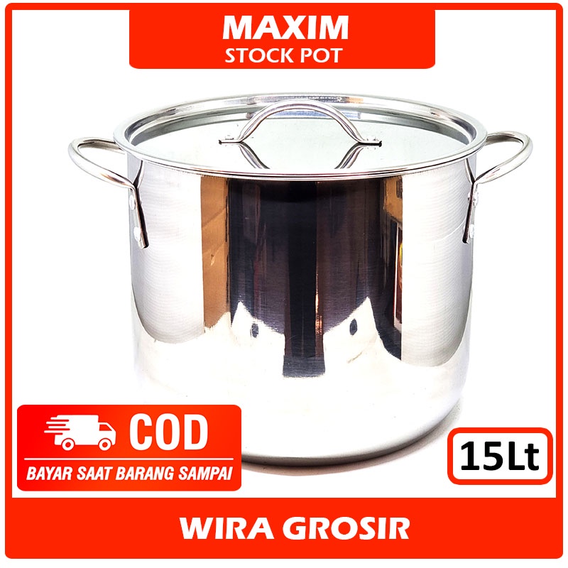 Maxim Panci Besar Stainless + Tutup 15 Liter 16QT | Panci Masak Air Stenlis Induksi | Stock Pot Rebu