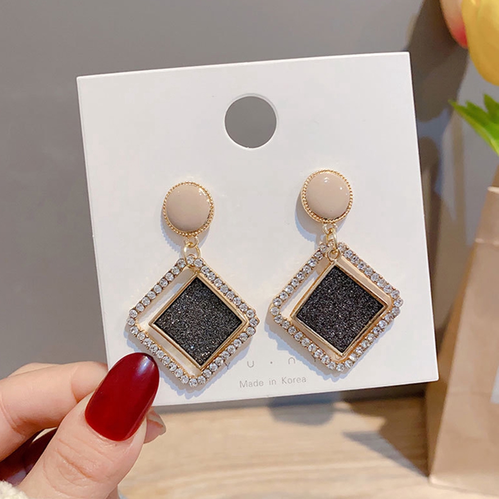 Bayar di tempat 1 Pair Alloy Geometric Frosted Bertekstur Berlian Potongan Berlian Anting-Anting Panjang Gaya-Perak