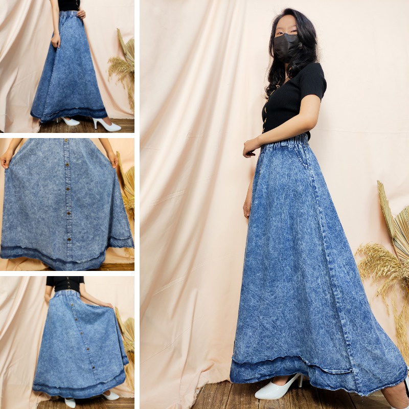 SB Collection Rok Payung Vini Panjang Jeans Maxi Casual Wanita All Size