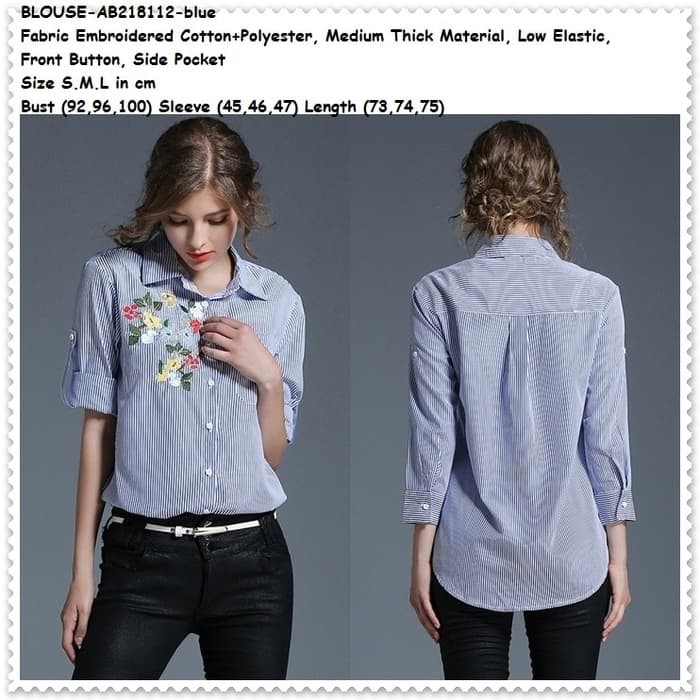 Baju Atasan Kerja Kemeja Biru Garis Blouse Wanita Korea Import Tunik BEST.