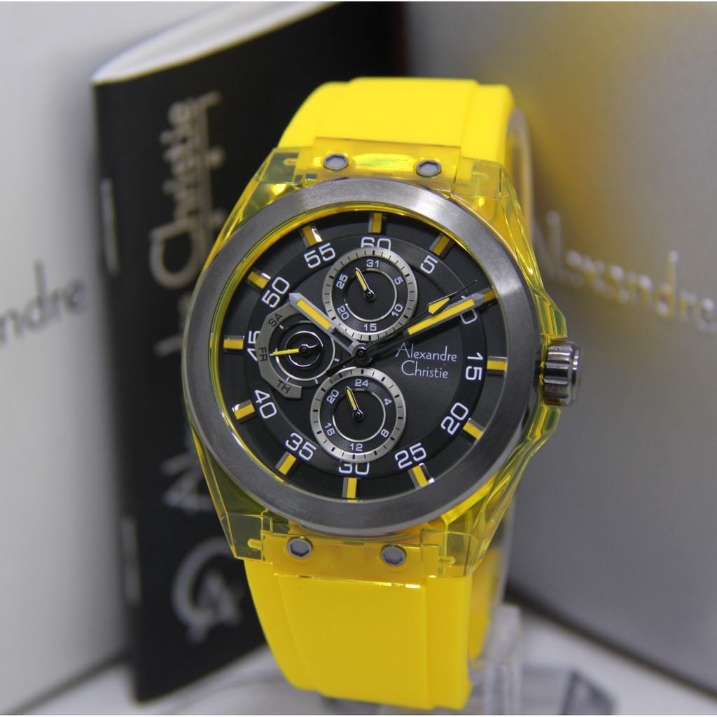 ALEXANDRE CHRISTIE 6546 RUBBER PRIA BLACK YELLOW ORIGINAL AC6546 AC 6546 JAM TANGAN COWOK