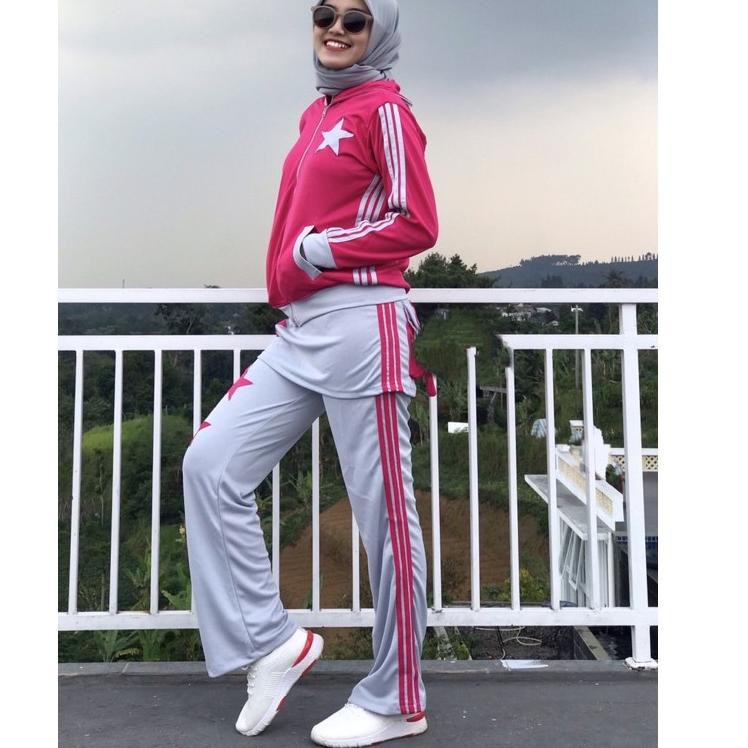 Setelan senam olahraga aerobik / set senam zumba rok pink abu rok / set senam muslim hijab (KODE 678