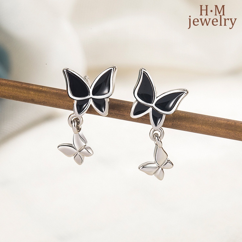 Anting Tusuk Sterling Silver 925 Model Kupu-Kupu Hitam Tua Untuk Wanita Butterfly