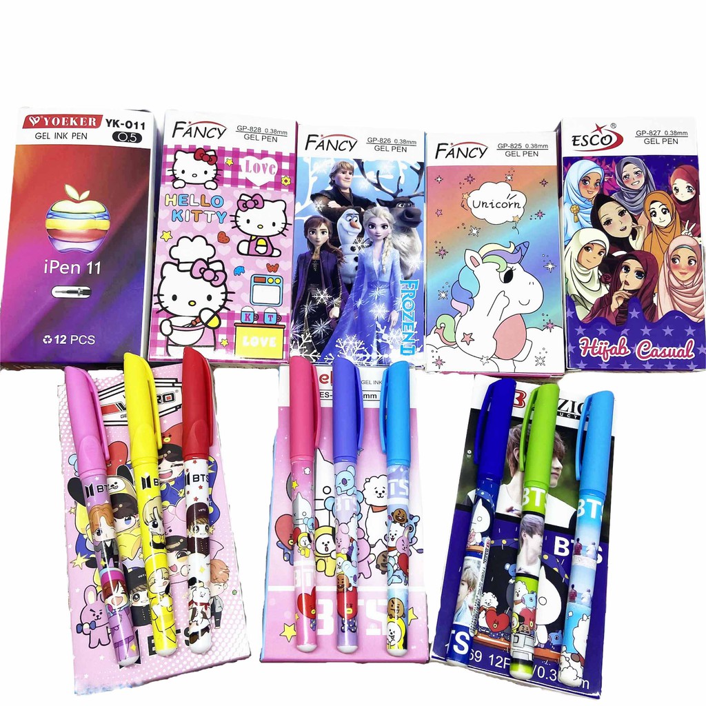 12 PCS - 1 LUSIN | PULPEN GEL BTS BT21 ESELON - BAZIC - FANCY - ESCO / PULPEN KARAKTER / BOLPEN  / PENA / BALLPOIN PEN