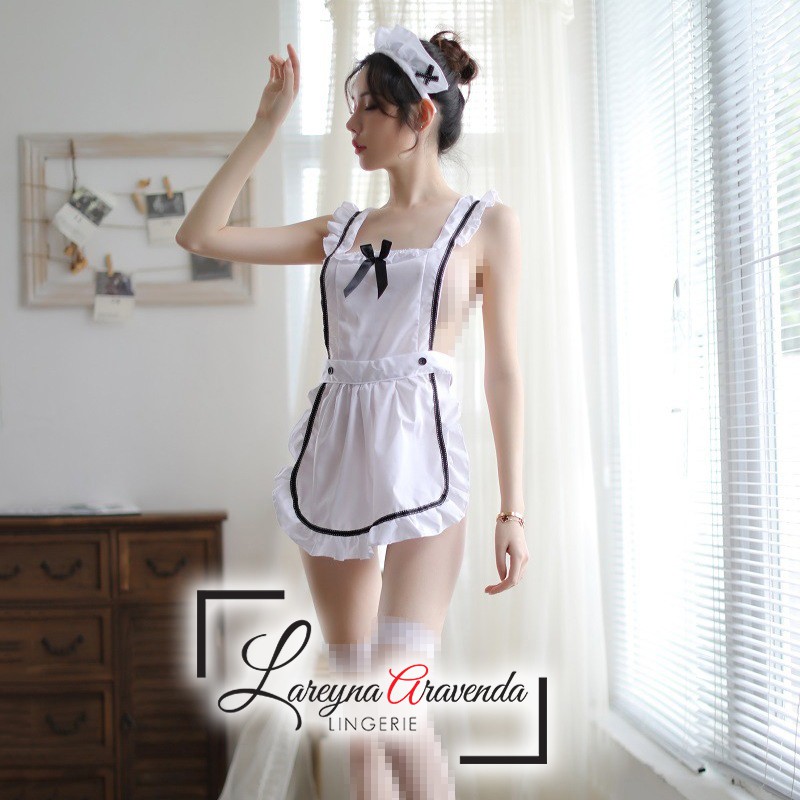 Set Lingerie + G String + Topi Seksi Model Costume French Maid Apron LG202