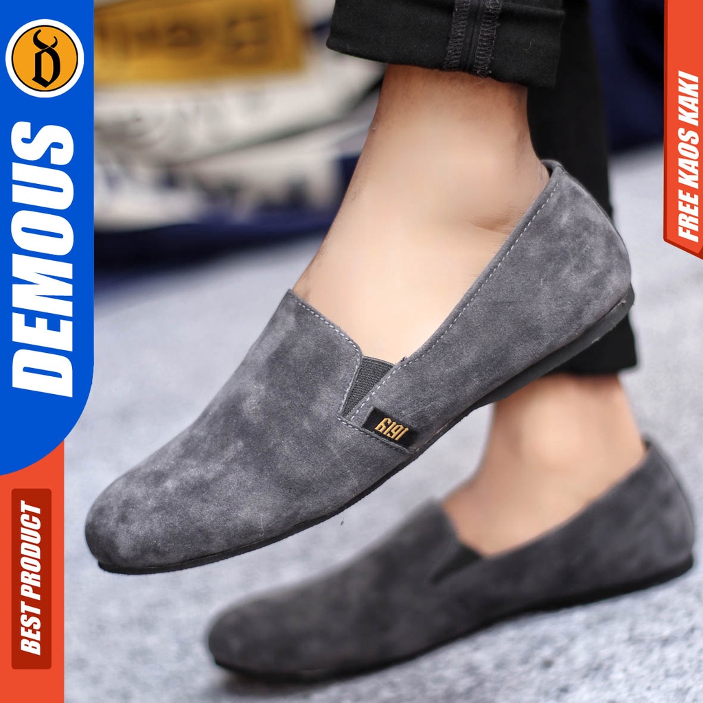 Demous Cord Sepatu Slip On Pria Casual Formal Kulit Suede Kerja Santai Hitam Polos