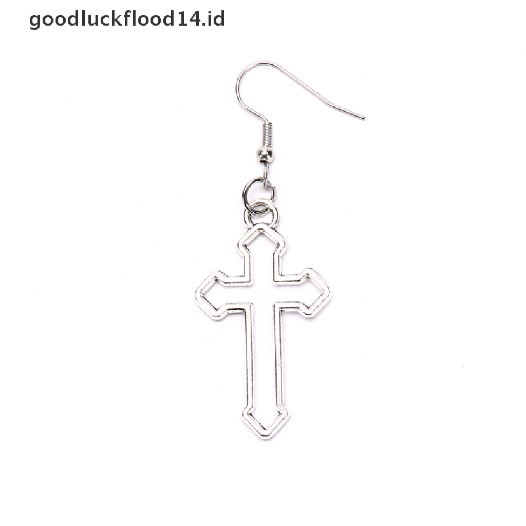 [OOID] Handmade Simple Cool Punk Vintage Silver Color Cross Charms Drop Earrings ID