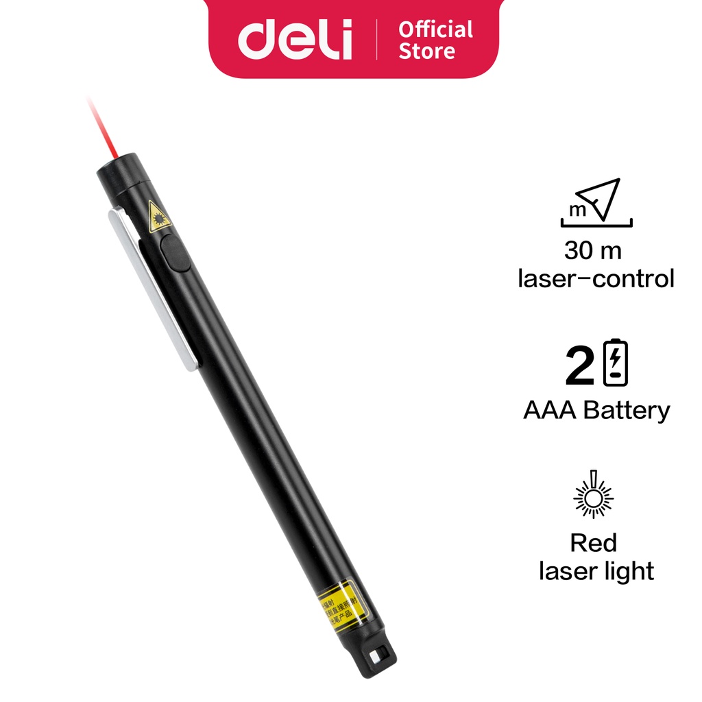 Deli Laser Pointer Pen Pointer Presentasi 650 NM, Model Klip, Dilengkapi Baterai 3933