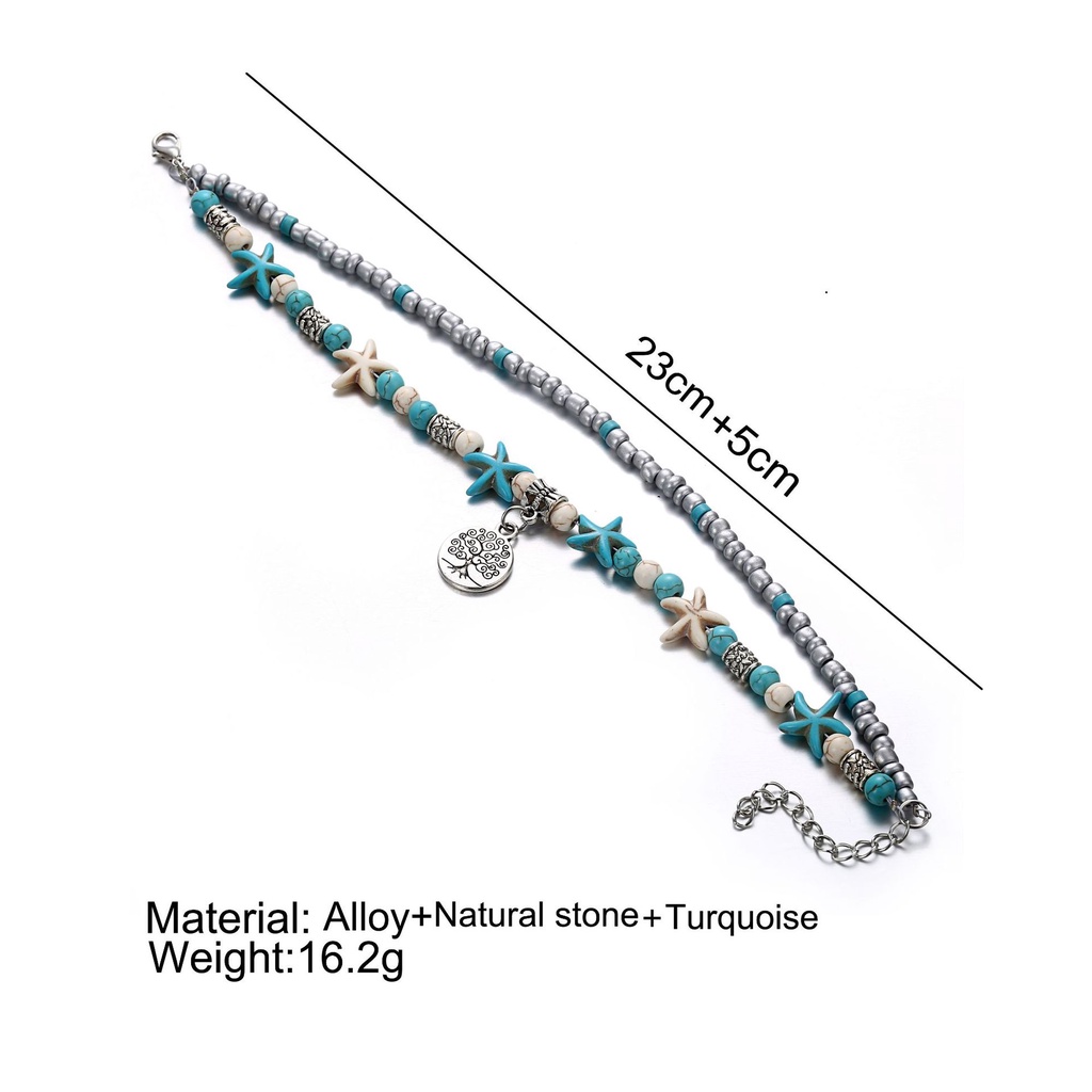 Ocean Series Double Anklet Turtle Wave Tree Pendant Gelang Kaki Beras Manik-manik Perhiasan Gelang Kaki