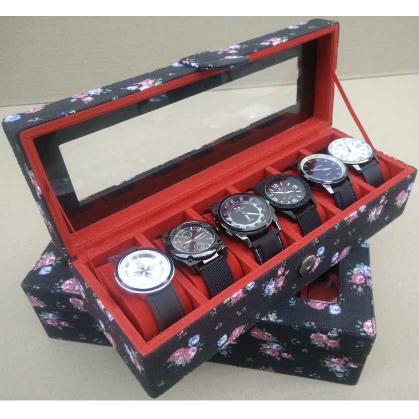 Box Jam Tangan isi 6 Motif BUNGA HITAM / kotak Jam Tangan dan Arloji