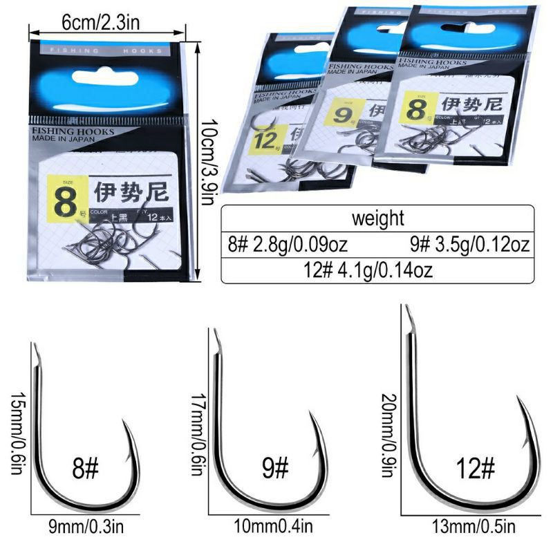 12pcs 8# 9# 12# Fishing hooks Kail Pancing Daiichi