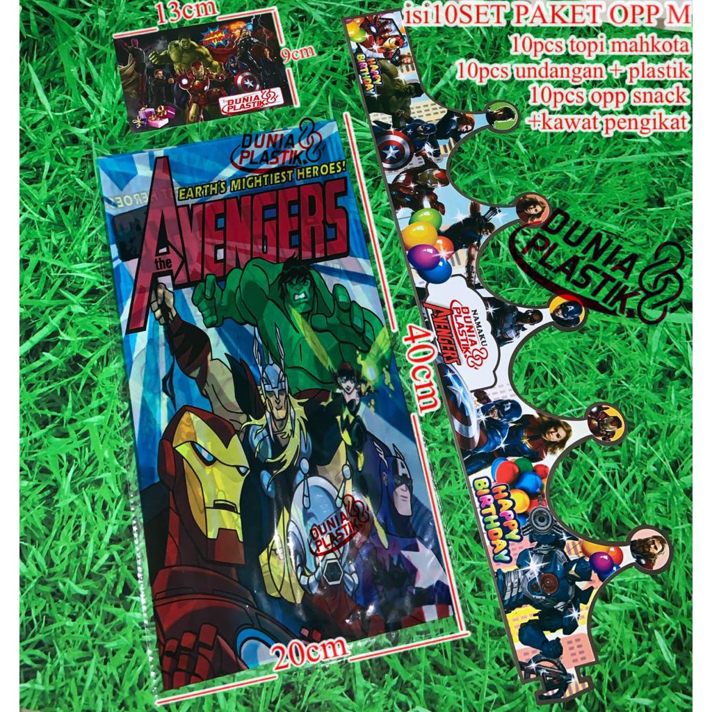 isi 10SET PAKET opp M AVENGER plastik bungkus souvenir snack topi mahkota undangan ulang tahun ultah