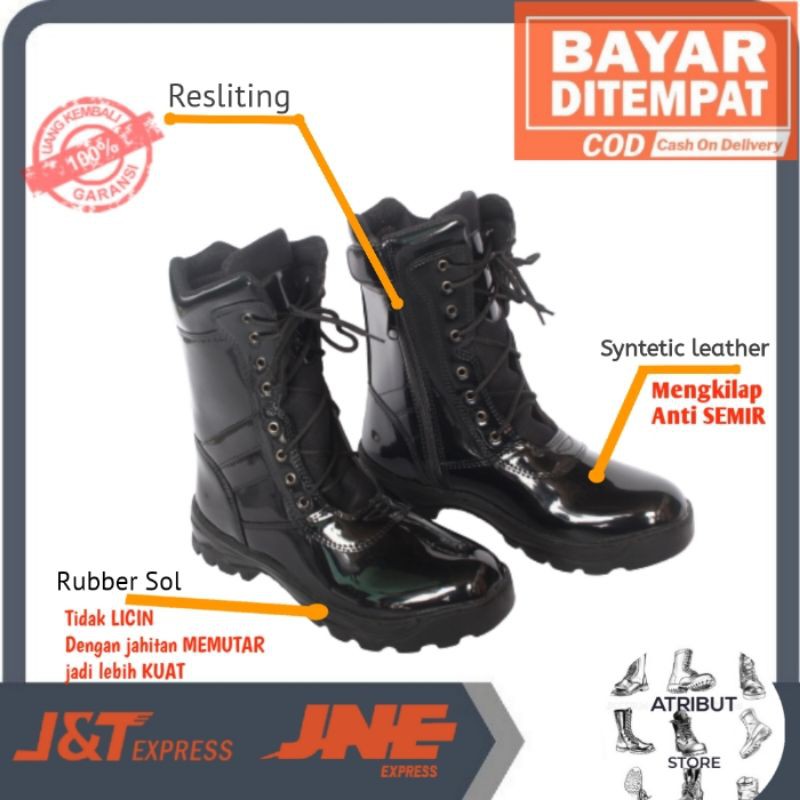 Sepatu Boot PDL Lapangan TNI POLRI SATPAM Security HITAM Kilap kilat glosy resliting sol karet- LB02