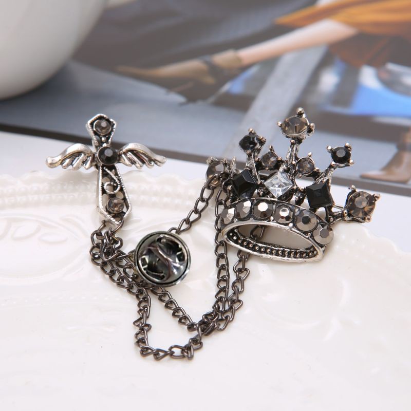 Moonlight&quot; Groom Men's Jewelry Badge Rhinestones Crown Cross Luxury Chain Tassel Brooch Pin