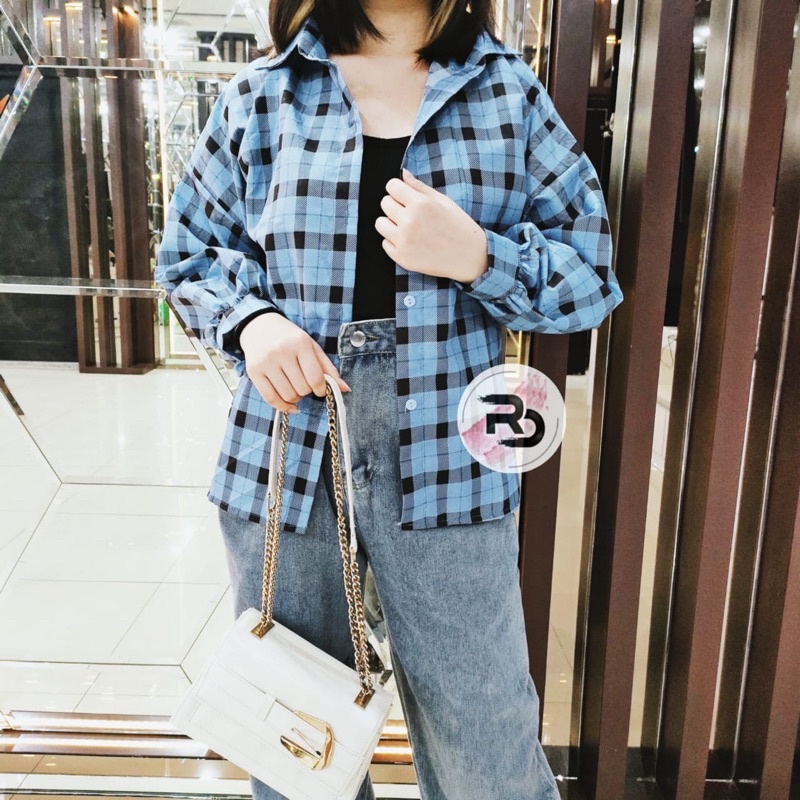 RD FASHION Kemeja Oslin Oversize | Kemeja Korea Jumbo Wanita | Bahan Creap - Fit to L-BIRU ANGGI